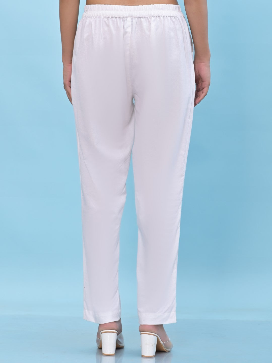 Juniper Women's White Solid Cotton Pants with Partially Elasticated Waistband and Two Side Pockets