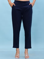 Juniper Women's Navy Blue Solid Cotton Pants with Partially Elasticated Waistband and Two Side Pockets