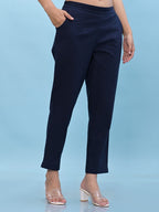 Juniper Women's Navy Blue Solid Cotton Pants with Partially Elasticated Waistband and Two Side Pockets