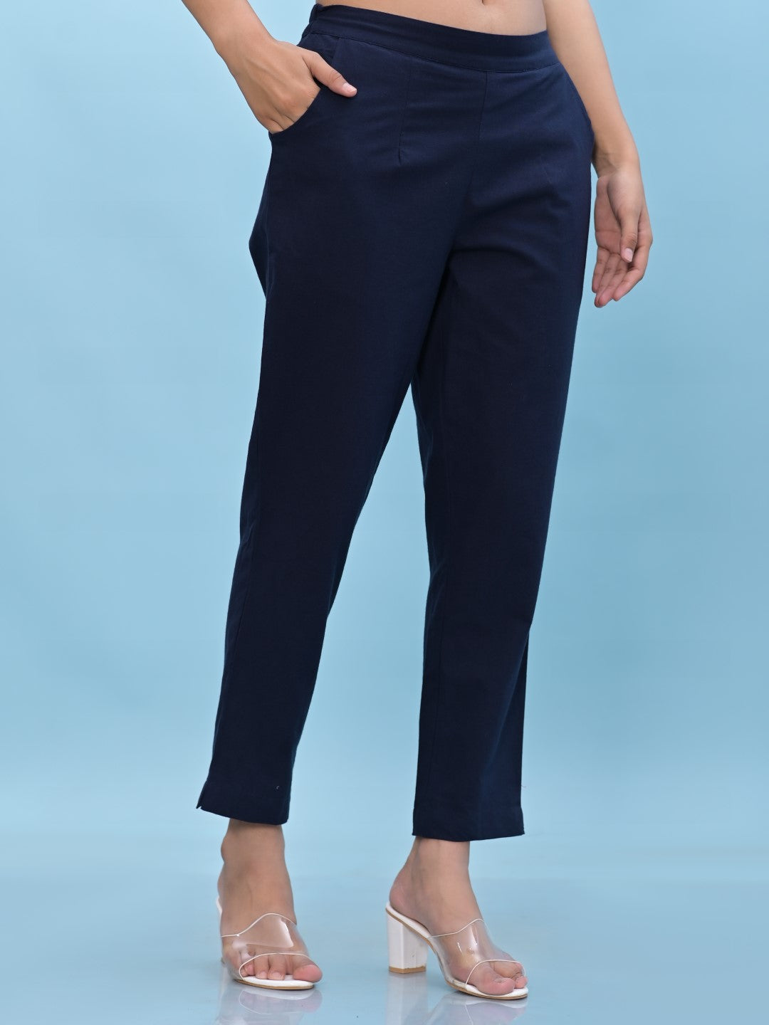 Juniper Women's Navy Blue Solid Cotton Pants with Partially Elasticated Waistband and Two Side Pockets
