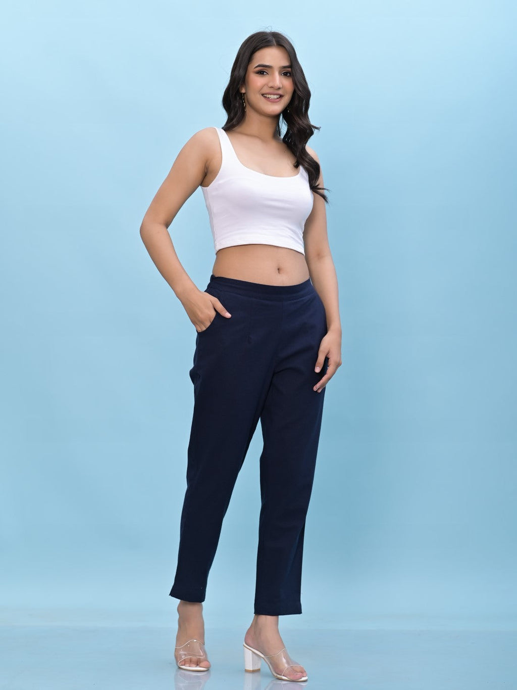 Juniper Women's Navy Blue Solid Cotton Pants with Partially Elasticated Waistband and Two Side Pockets