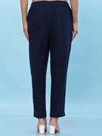 Juniper Women's Navy Blue Solid Cotton Pants with Partially Elasticated Waistband and Two Side Pockets