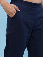 Juniper Women's Navy Blue Solid Cotton Pants with Partially Elasticated Waistband and Two Side Pockets