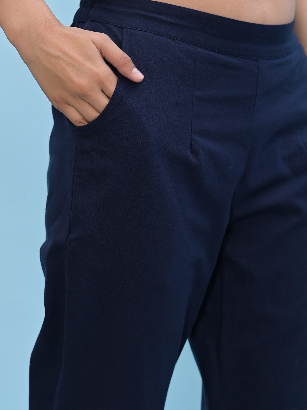 Juniper Women's Navy Blue Solid Cotton Pants with Partially Elasticated Waistband and Two Side Pockets