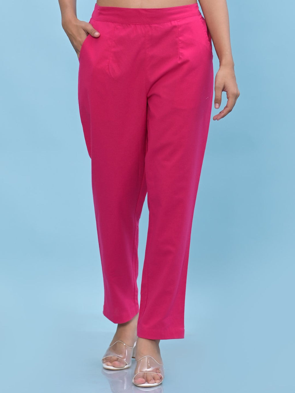Juniper Women's Fuchsia Solid Cotton Pants with Partially Elasticated Waistband and Two Side Pockets