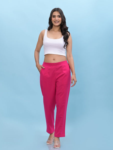 Juniper Women's Fuchsia Solid Cotton Pants with Partially Elasticated Waistband and Two Side Pockets