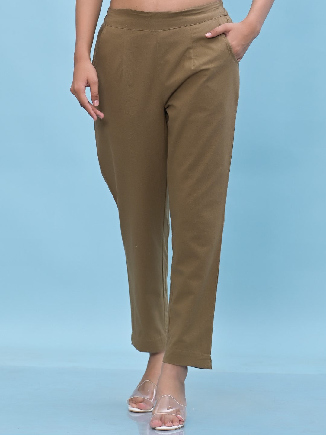 Juniper Women's Brown Solid Cotton Pants with Partially Elasticated Waistband and Two Side Pockets