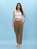 Juniper Women's Brown Solid Cotton Pants with Partially Elasticated Waistband and Two Side Pockets