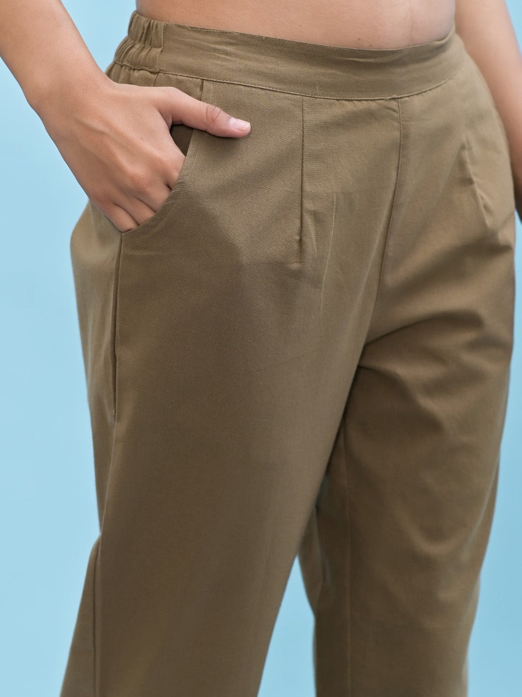 Juniper Women's Brown Solid Cotton Pants with Partially Elasticated Waistband and Two Side Pockets