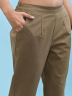 Juniper Women's Brown Solid Cotton Pants with Partially Elasticated Waistband and Two Side Pockets