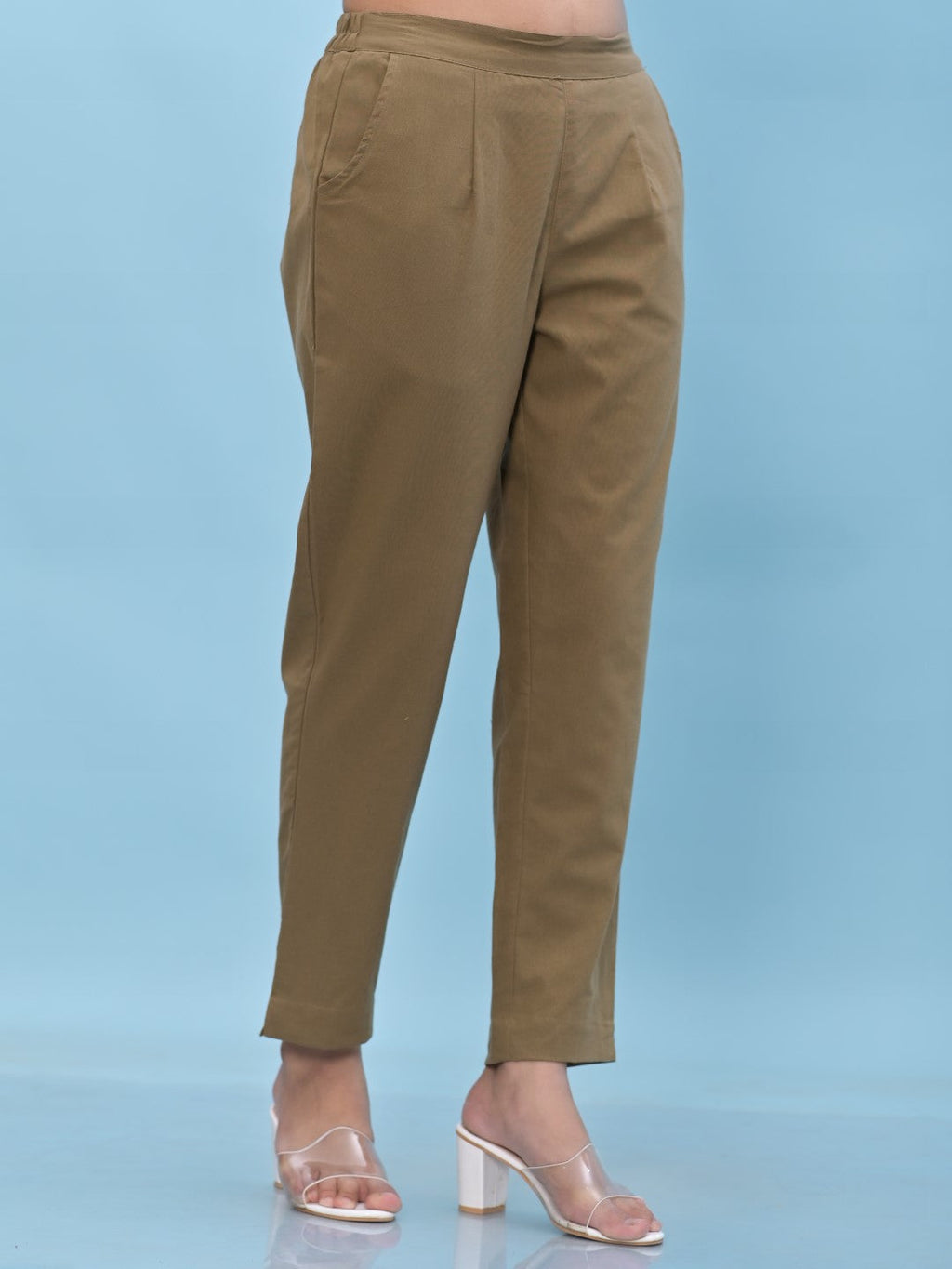 Juniper Women's Brown Solid Cotton Pants with Partially Elasticated Waistband and Two Side Pockets
