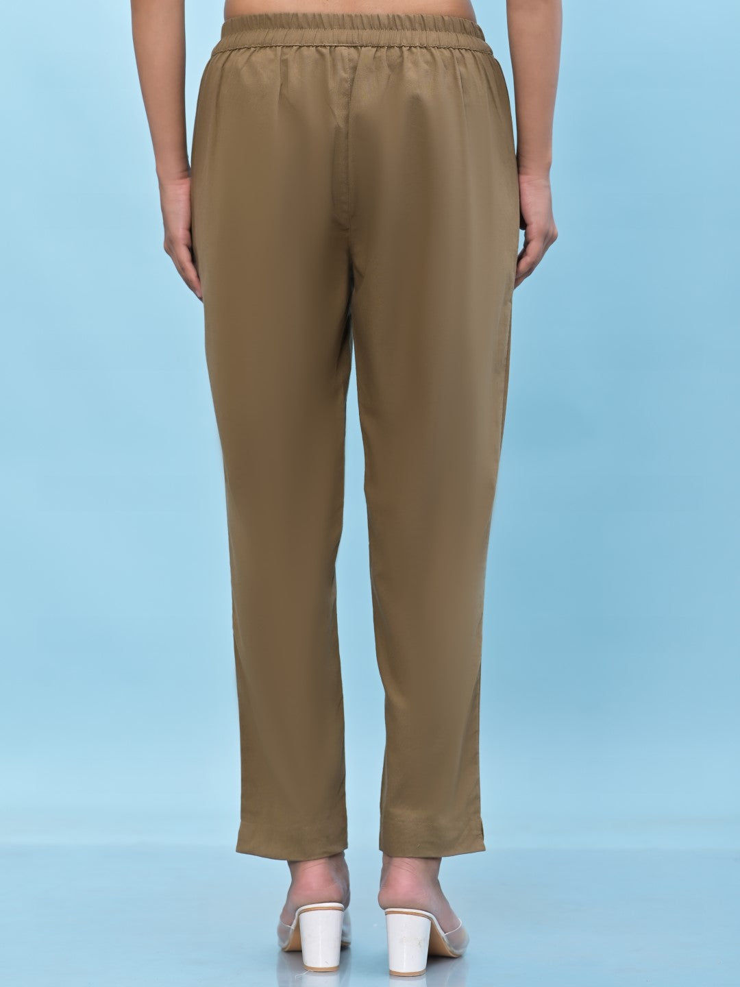 Juniper Women's Brown Solid Cotton Pants with Partially Elasticated Waistband and Two Side Pockets
