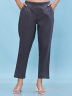 Juniper Women's Grey Solid Cotton Pants with Partially Elasticated Waistband and Two Side Pockets