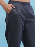 Juniper Women's Grey Solid Cotton Pants with Partially Elasticated Waistband and Two Side Pockets