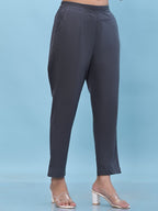 Juniper Women's Grey Solid Cotton Pants with Partially Elasticated Waistband and Two Side Pockets