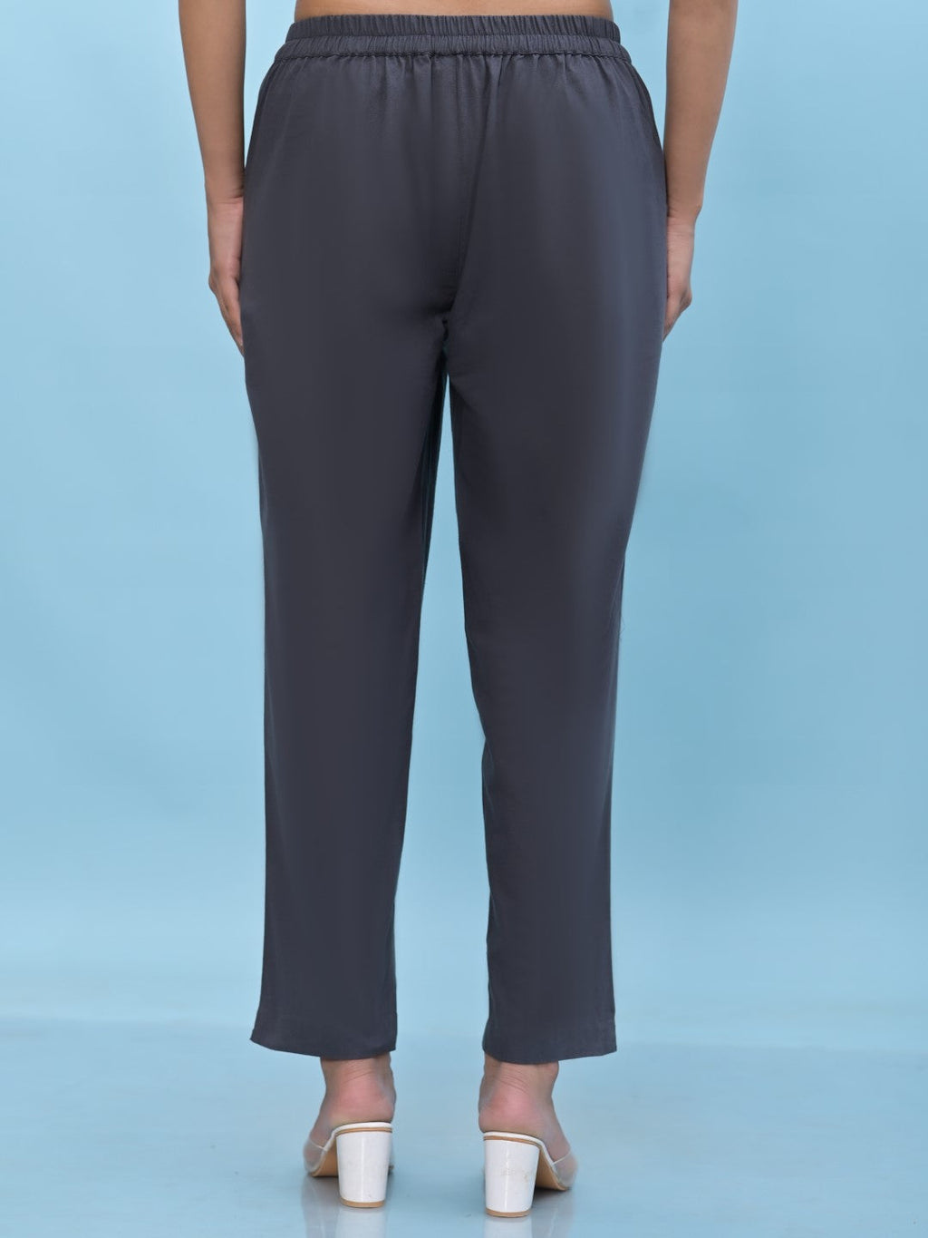 Juniper Women's Grey Solid Cotton Pants with Partially Elasticated Waistband and Two Side Pockets