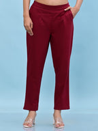 Juniper Women's Maroon Solid Cotton Pants with Partially Elasticated Waistband and Two Side Pockets