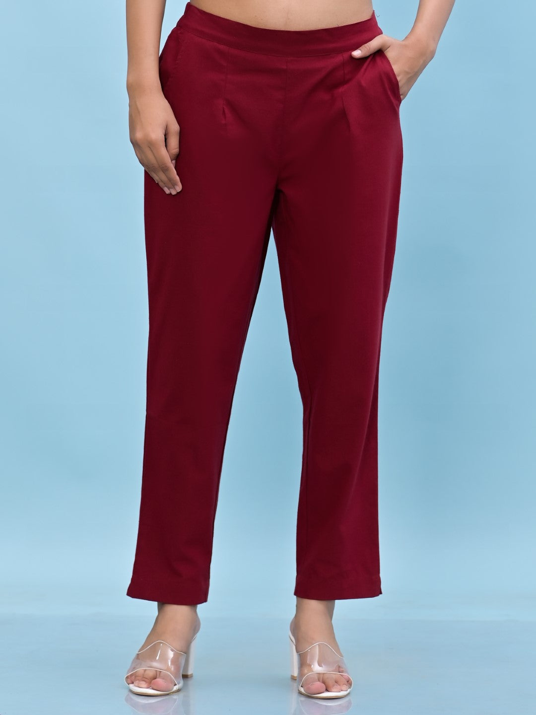 Juniper Women's Maroon Solid Cotton Pants with Partially Elasticated Waistband and Two Side Pockets