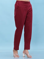 Juniper Women's Maroon Solid Cotton Pants with Partially Elasticated Waistband and Two Side Pockets