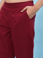 Juniper Women's Maroon Solid Cotton Pants with Partially Elasticated Waistband and Two Side Pockets