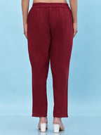 Juniper Women's Maroon Solid Cotton Pants with Partially Elasticated Waistband and Two Side Pockets