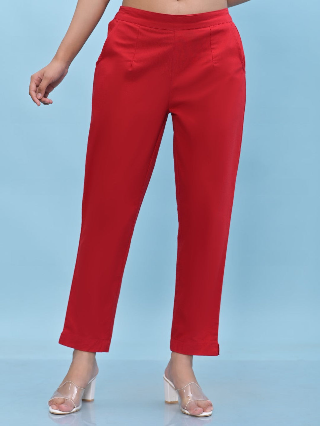 Juniper Women's Red Solid Cotton Pants with Partially Elasticated Waistband and Two Side Pockets
