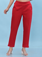 Juniper Women's Red Solid Cotton Pants with Partially Elasticated Waistband and Two Side Pockets