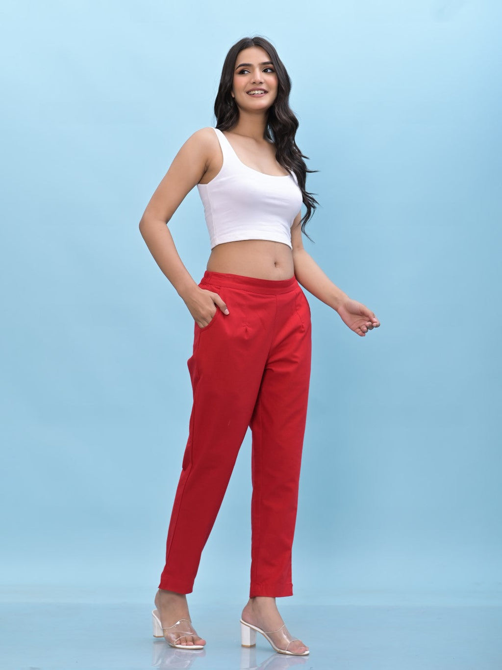 Juniper Women's Red Solid Cotton Pants with Partially Elasticated Waistband and Two Side Pockets