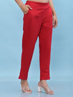 Juniper Women's Red Solid Cotton Pants with Partially Elasticated Waistband and Two Side Pockets