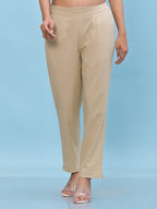 Juniper Women's Beige Solid Cotton Pants with Partially Elasticated Waistband and Two Side Pockets