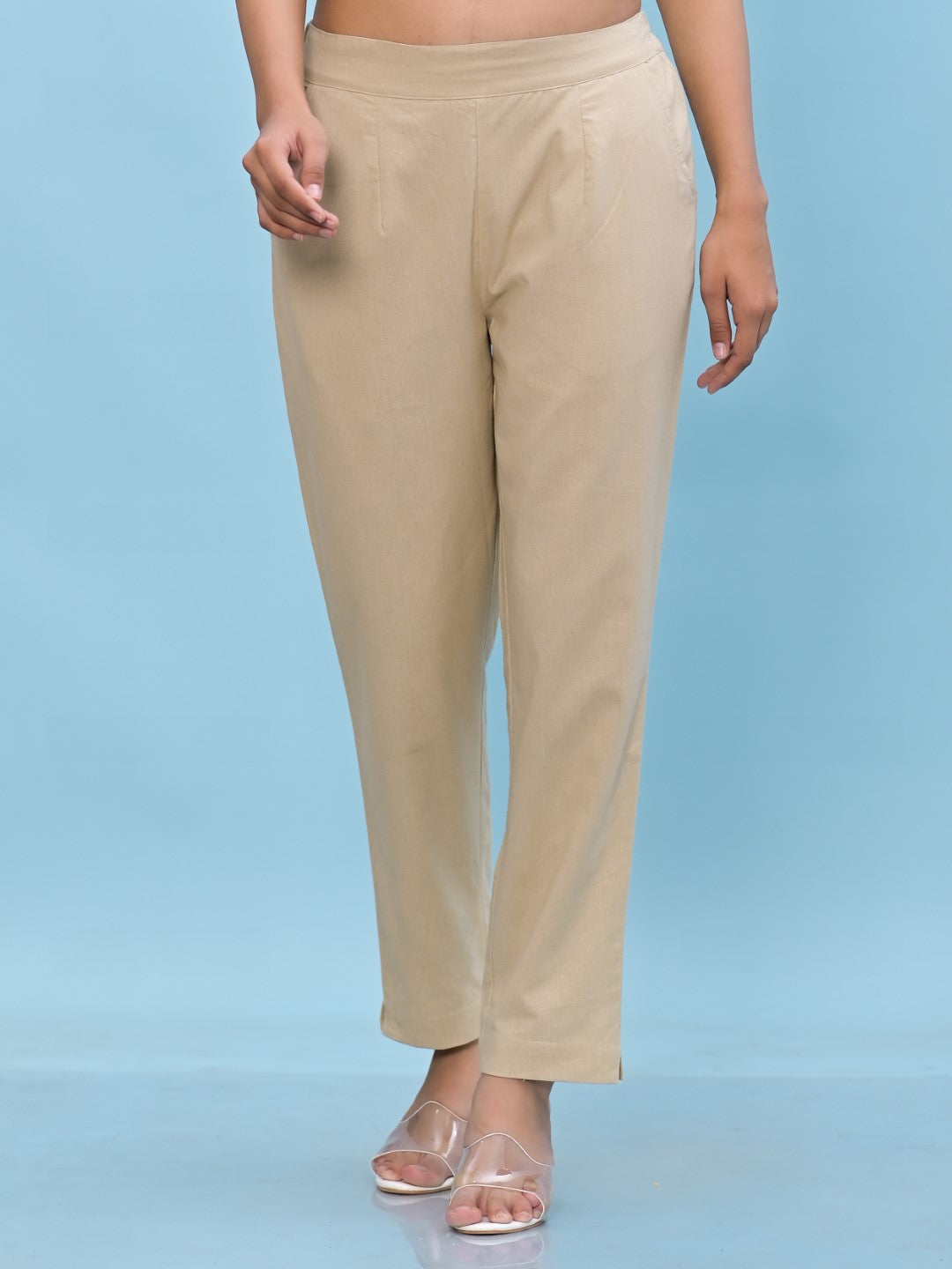 Juniper Women's Beige Solid Cotton Pants with Partially Elasticated Waistband and Two Side Pockets