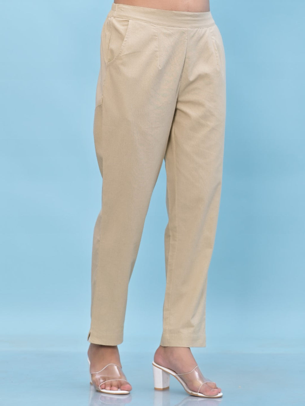 Juniper Women's Beige Solid Cotton Pants with Partially Elasticated Waistband and Two Side Pockets