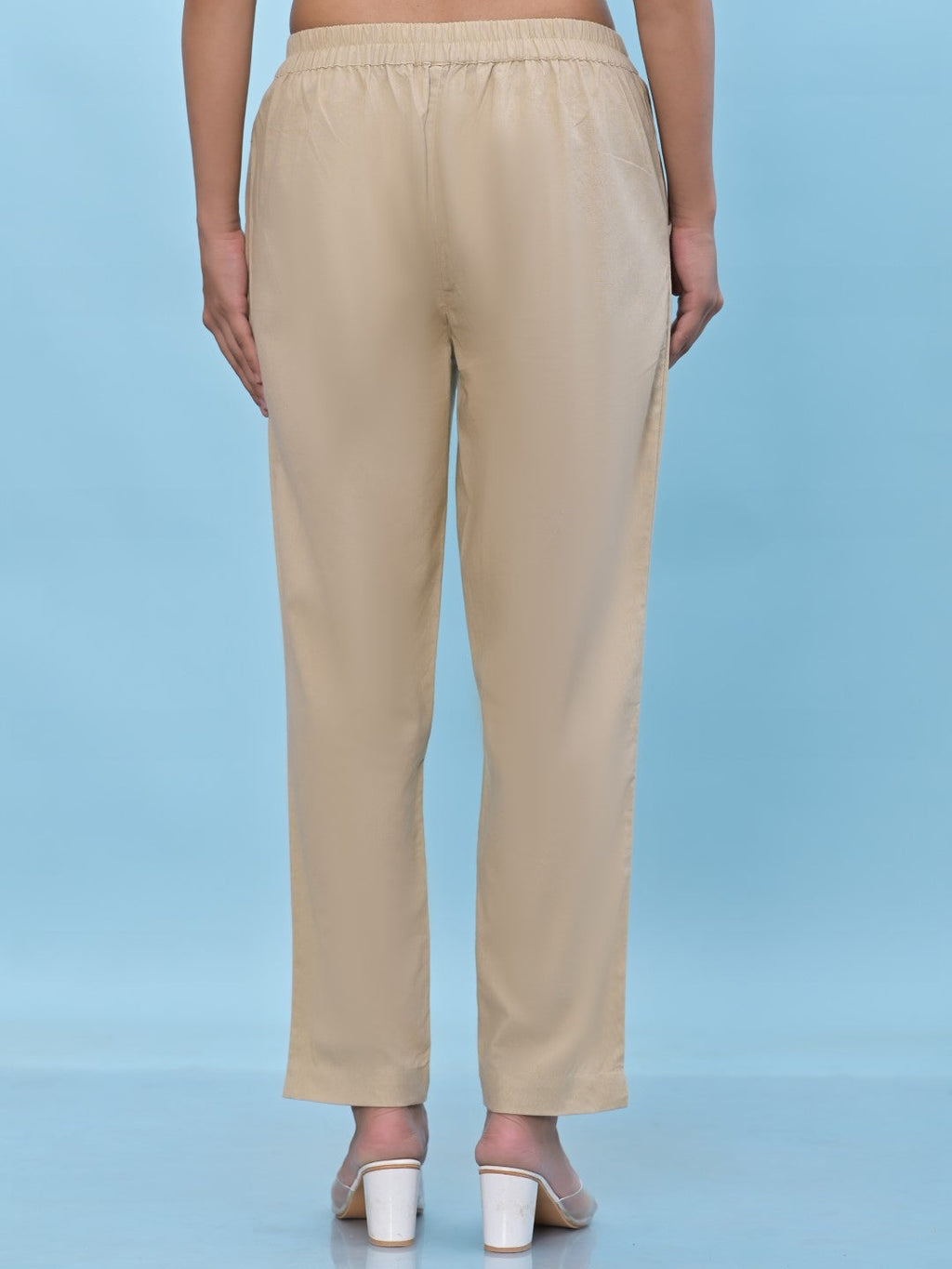 Juniper Women's Beige Solid Cotton Pants with Partially Elasticated Waistband and Two Side Pockets