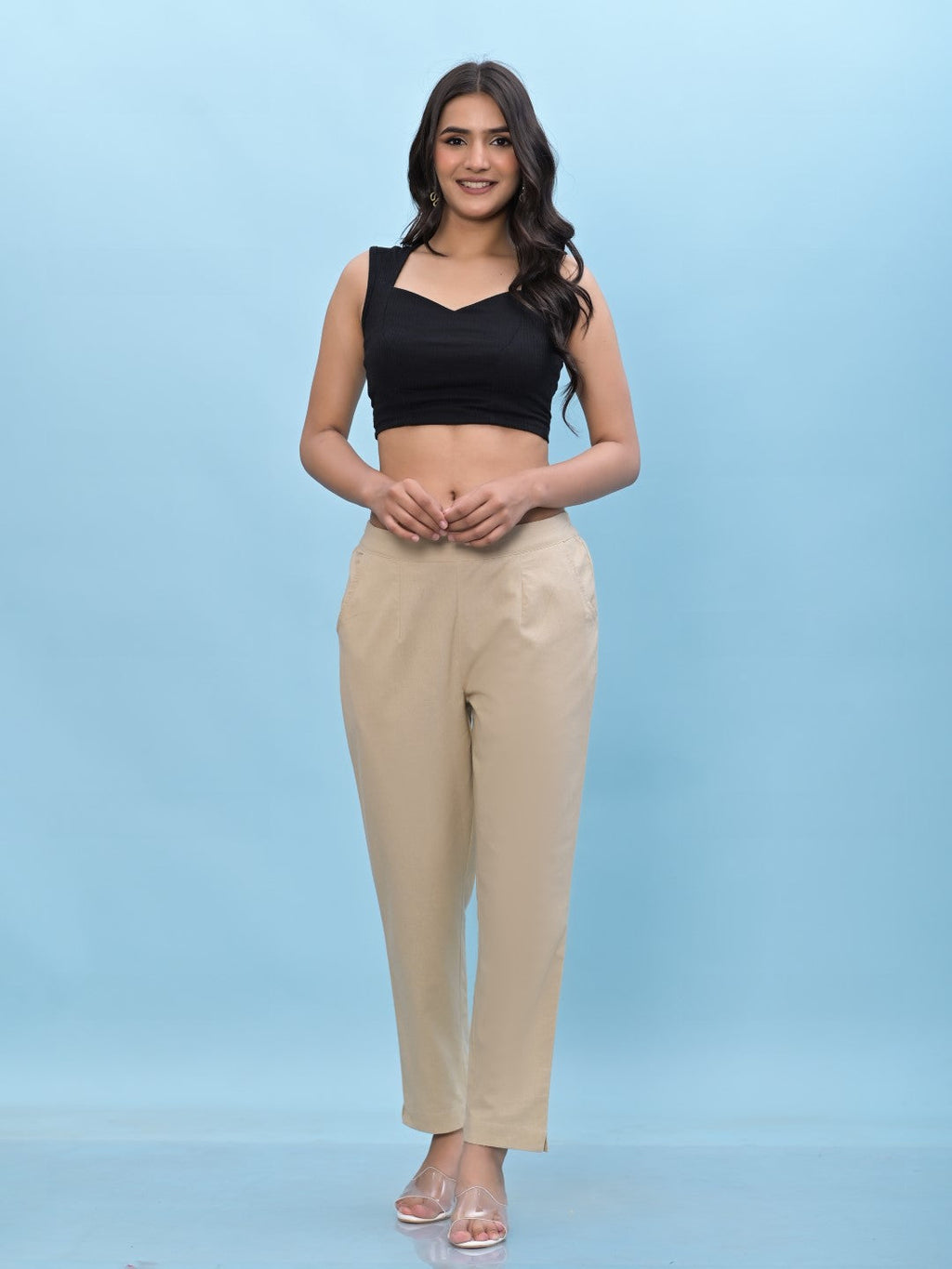 Juniper Women's Beige Solid Cotton Pants with Partially Elasticated Waistband and Two Side Pockets
