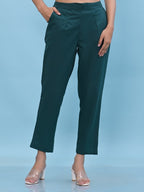Juniper Women's Green Solid Cotton Pants with Partially Elasticated Waistband and Two Side Pockets