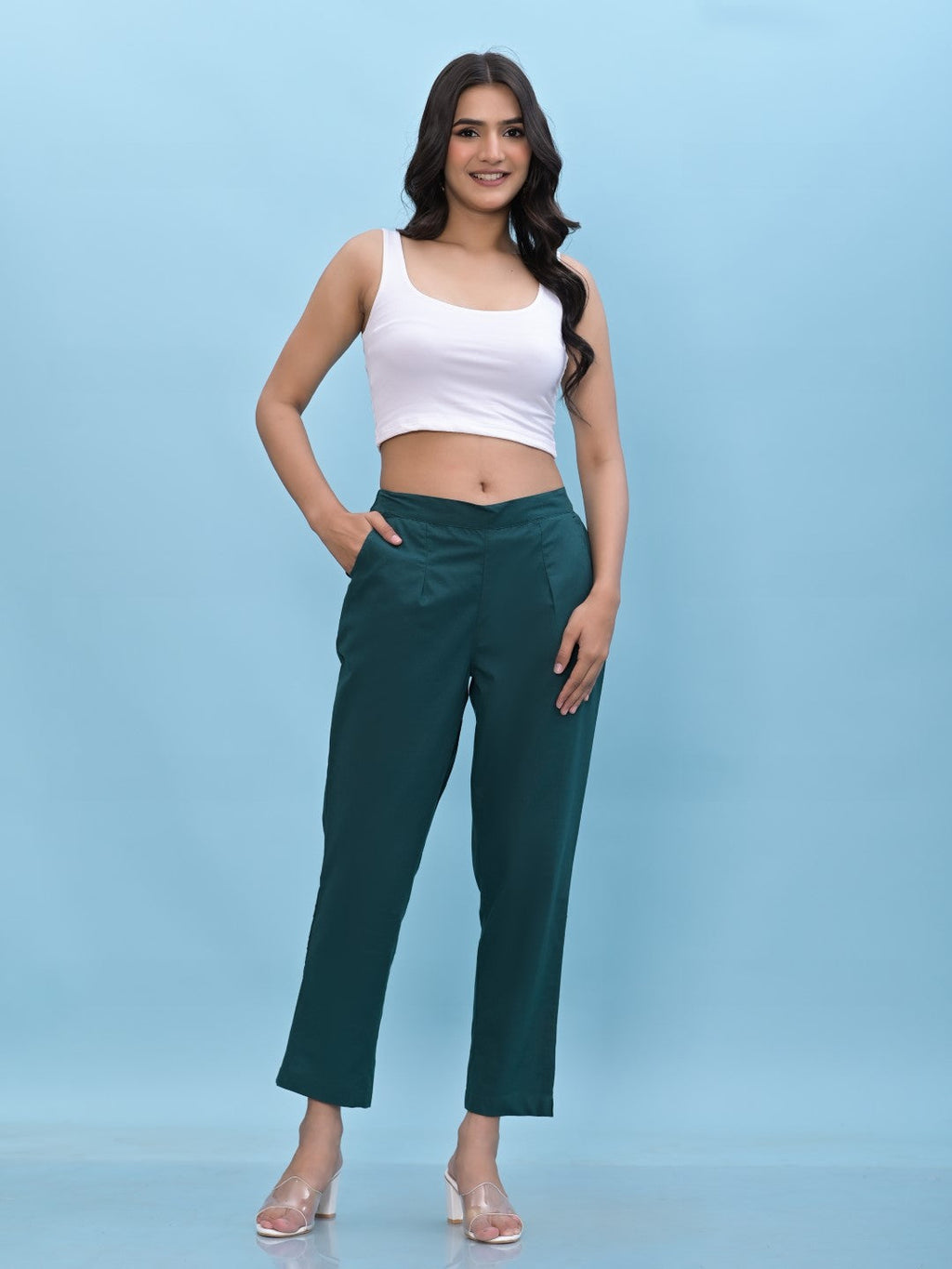 Juniper Women's Green Solid Cotton Pants with Partially Elasticated Waistband and Two Side Pockets