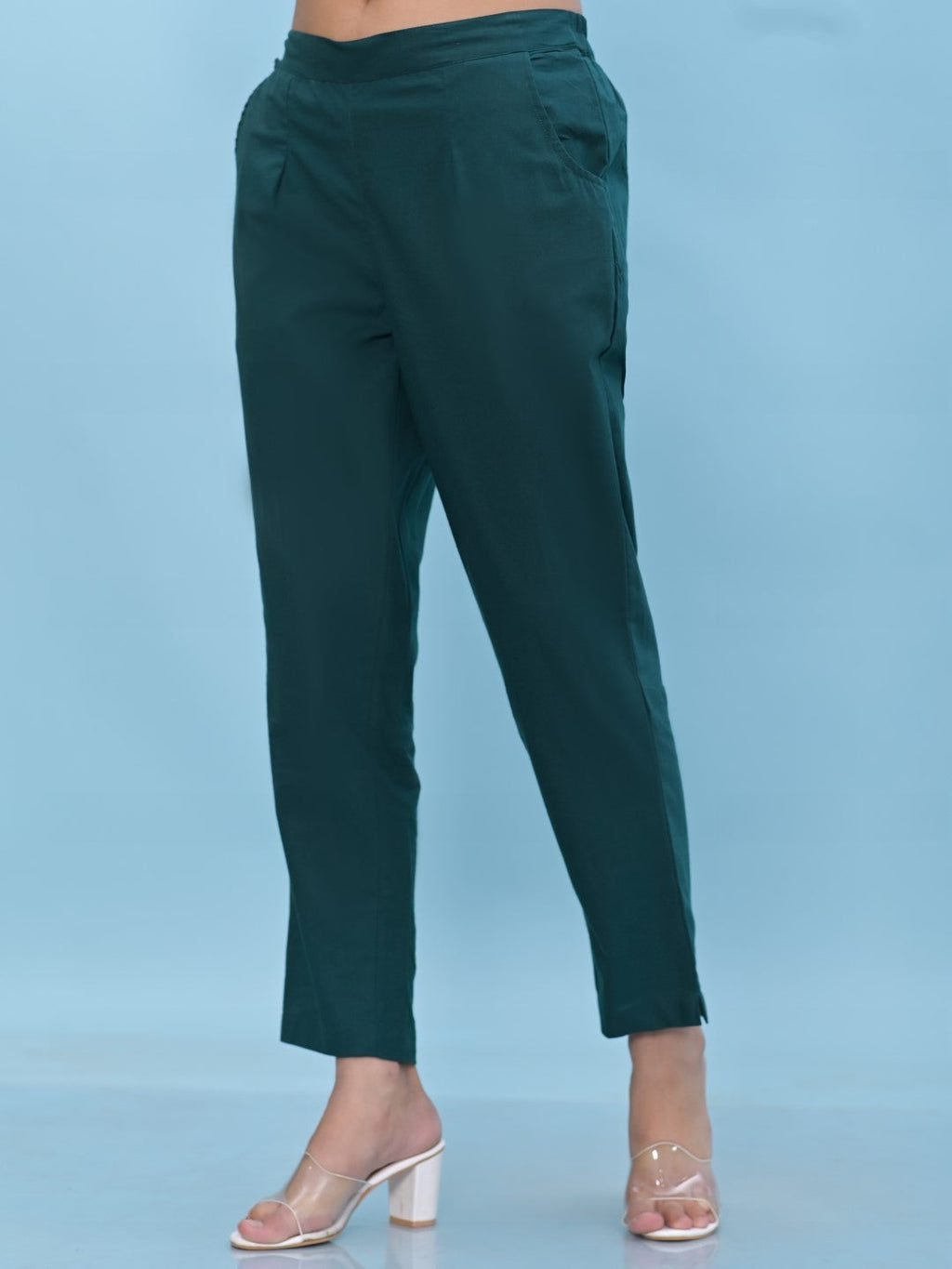 Juniper Women's Green Solid Cotton Pants with Partially Elasticated Waistband and Two Side Pockets