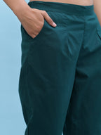 Juniper Women's Green Solid Cotton Pants with Partially Elasticated Waistband and Two Side Pockets