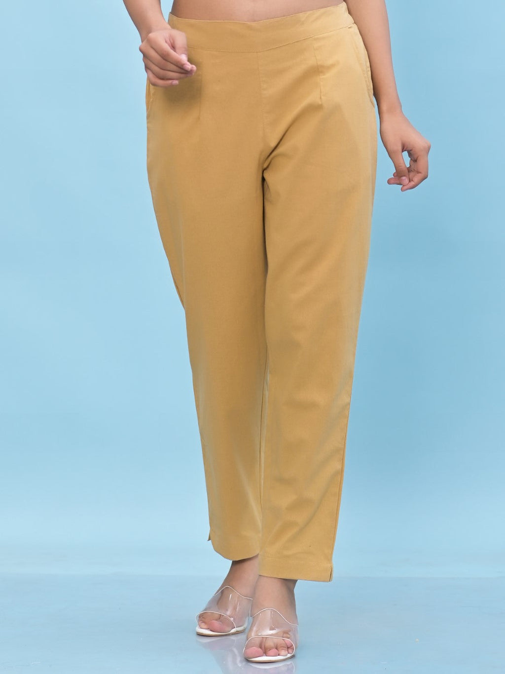 Juniper Women's Gold Solid Cotton Pants with Partially Elasticated Waistband and Two Side Pockets