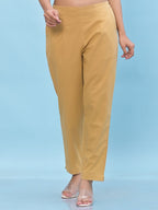 Juniper Women's Gold Solid Cotton Pants with Partially Elasticated Waistband and Two Side Pockets