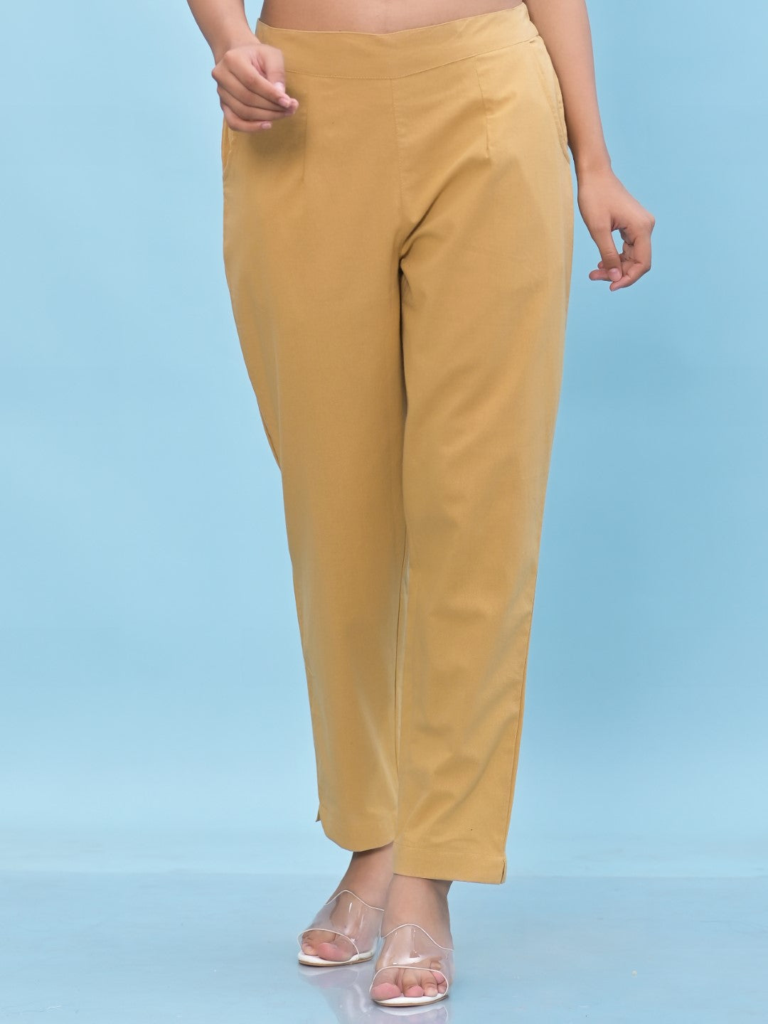 Juniper Women's Gold Solid Cotton Pants with Partially Elasticated Waistband and Two Side Pockets