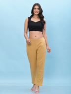 Juniper Women's Gold Solid Cotton Pants with Partially Elasticated Waistband and Two Side Pockets