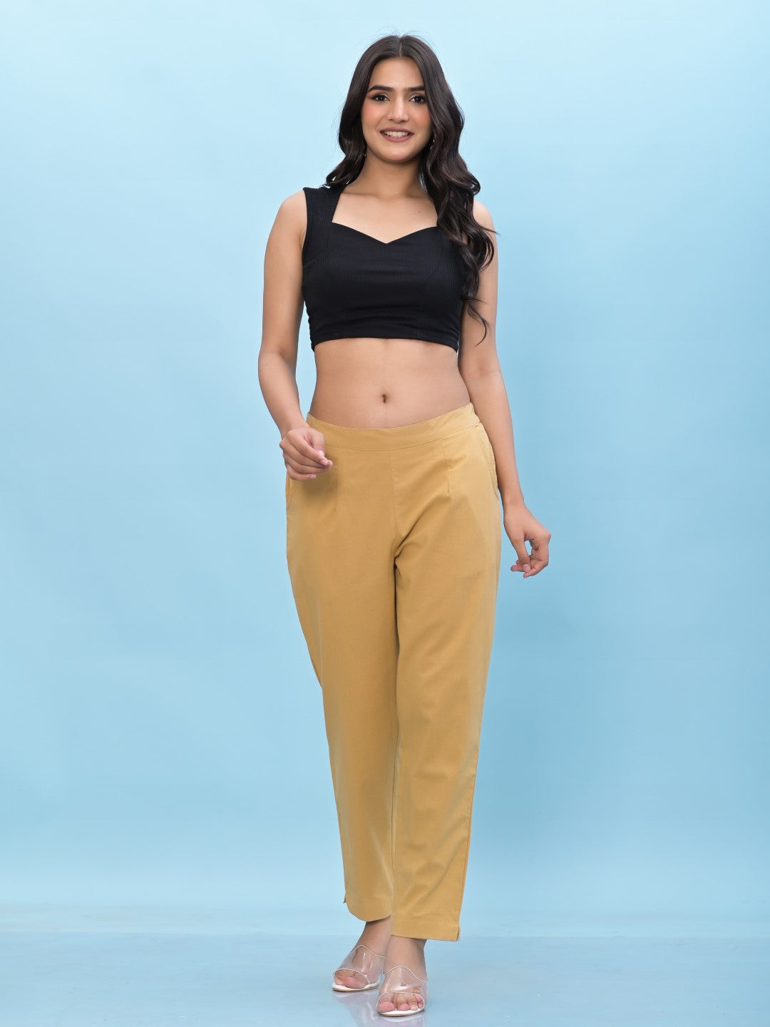 Juniper Women's Gold Solid Cotton Pants with Partially Elasticated Waistband and Two Side Pockets