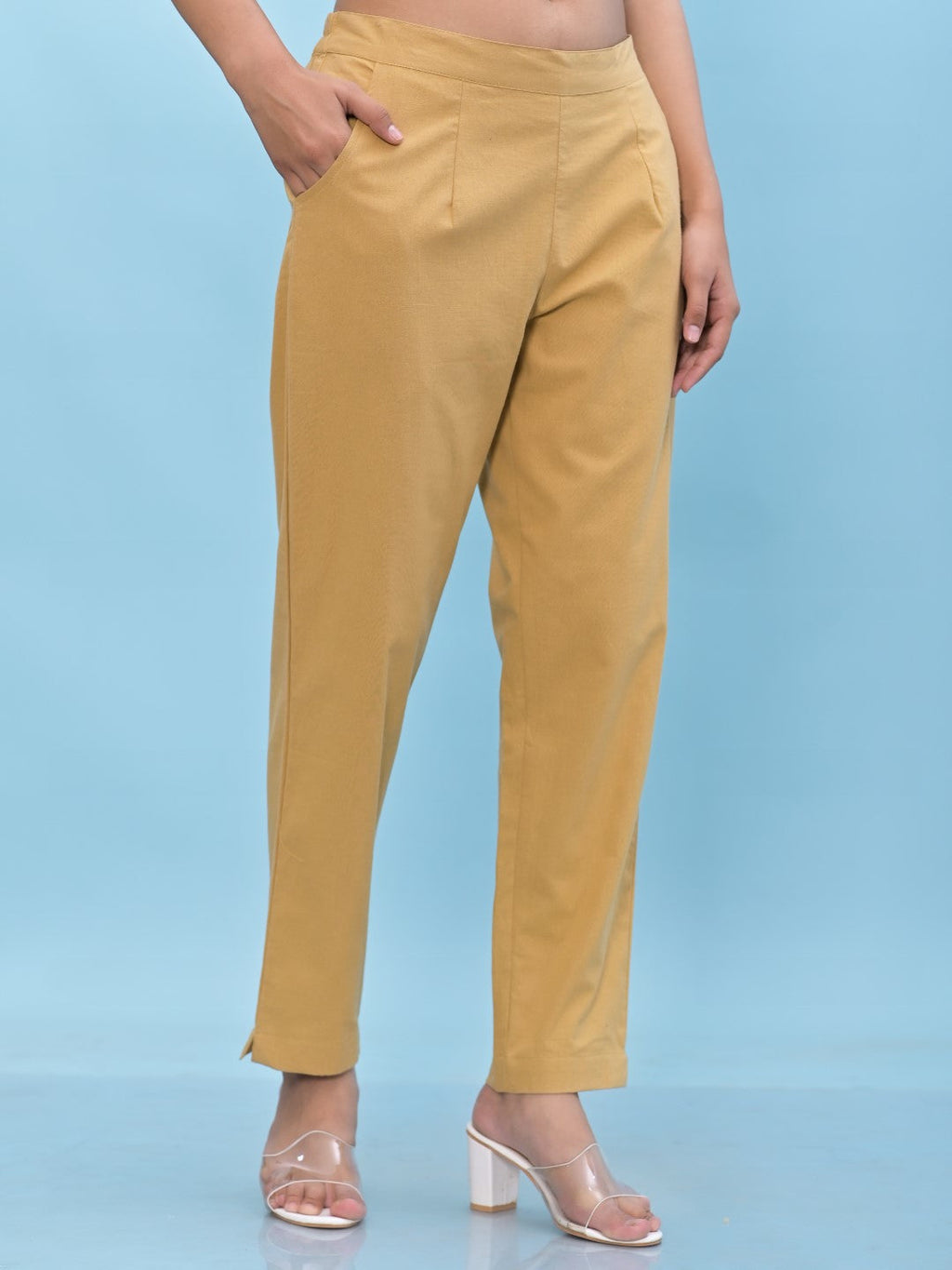 Juniper Women's Gold Solid Cotton Pants with Partially Elasticated Waistband and Two Side Pockets