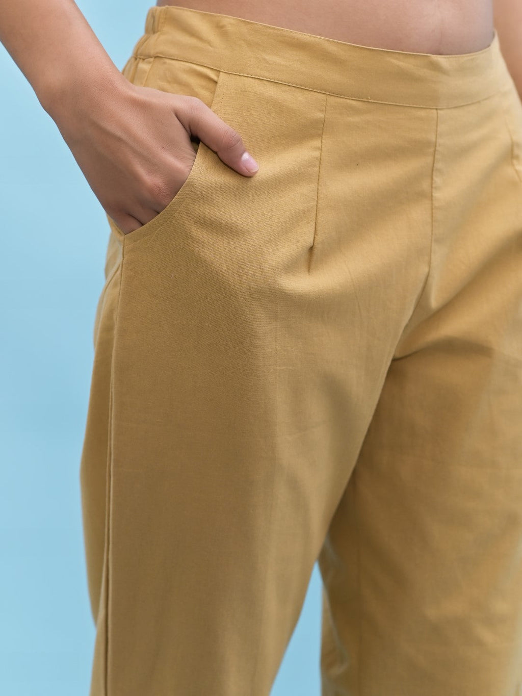 Juniper Women's Gold Solid Cotton Pants with Partially Elasticated Waistband and Two Side Pockets