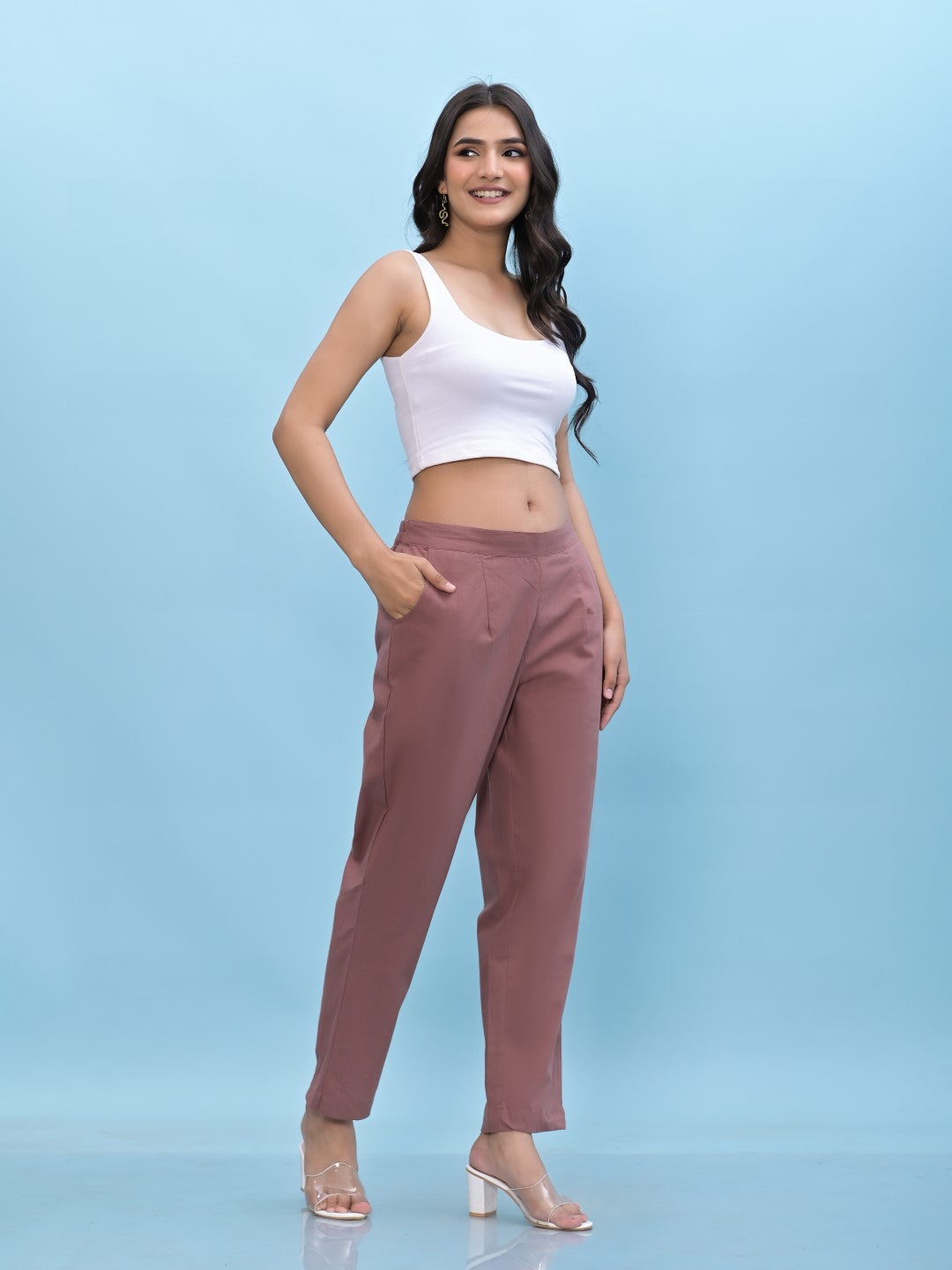 Juniper Women's Mauve Solid Cotton Pants with Partially Elasticated Waistband and Two Side Pockets