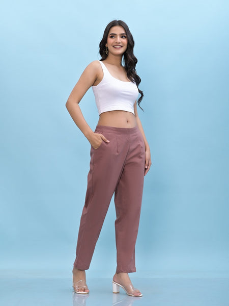 Juniper Women's Mauve Solid Cotton Pants with Partially Elasticated Waistband and Two Side Pockets