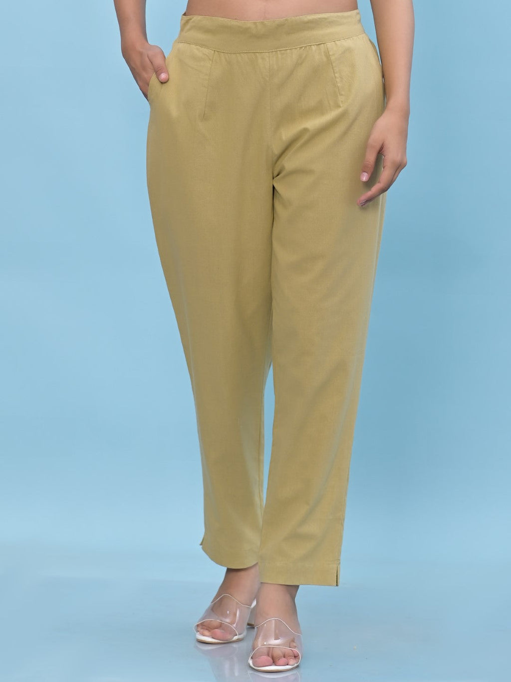Juniper Women's Olive Solid Cotton Pants with Partially Elasticated Waistband and Two Side Pockets