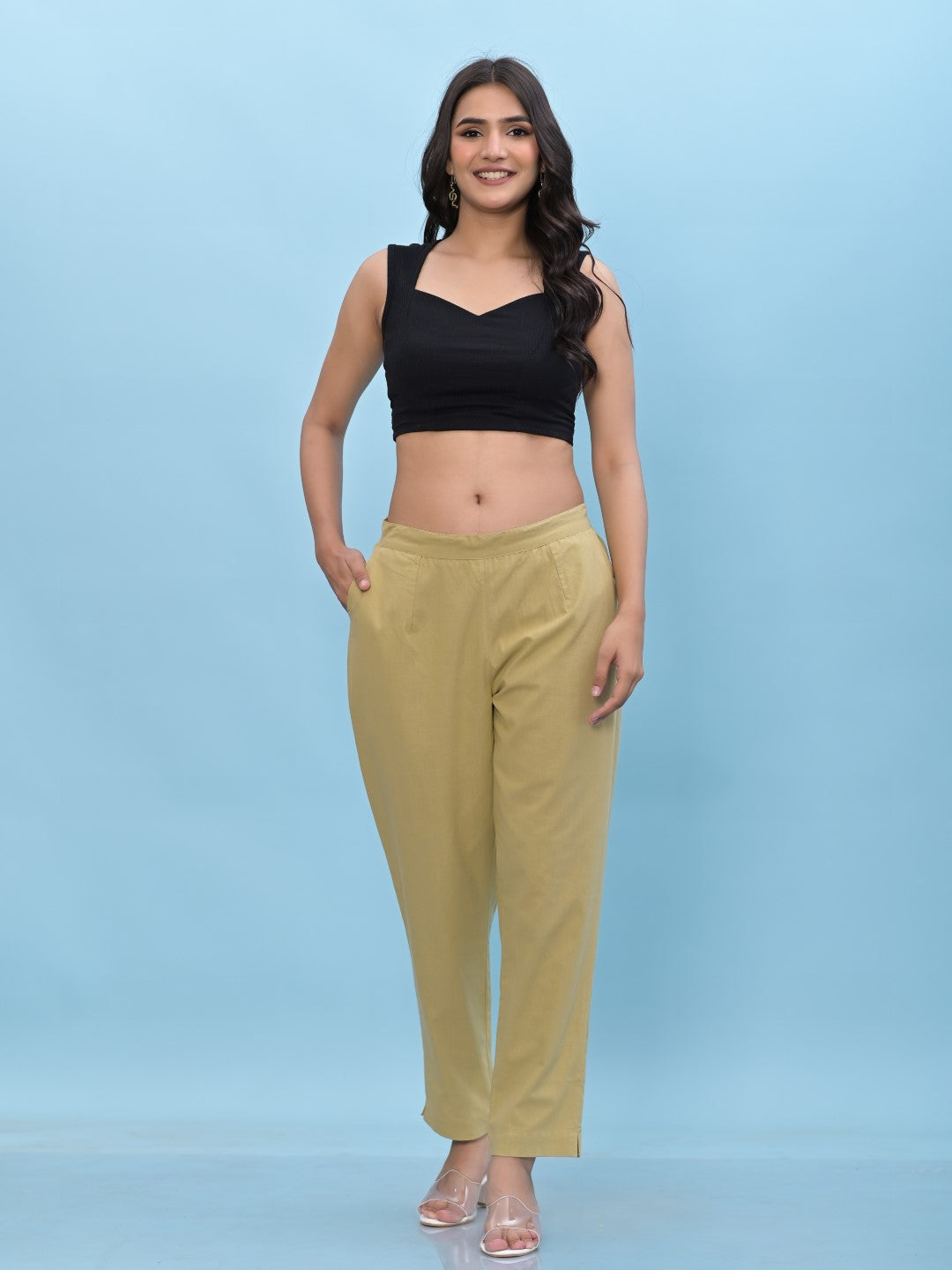 Juniper Women's Olive Solid Cotton Pants with Partially Elasticated Waistband and Two Side Pockets