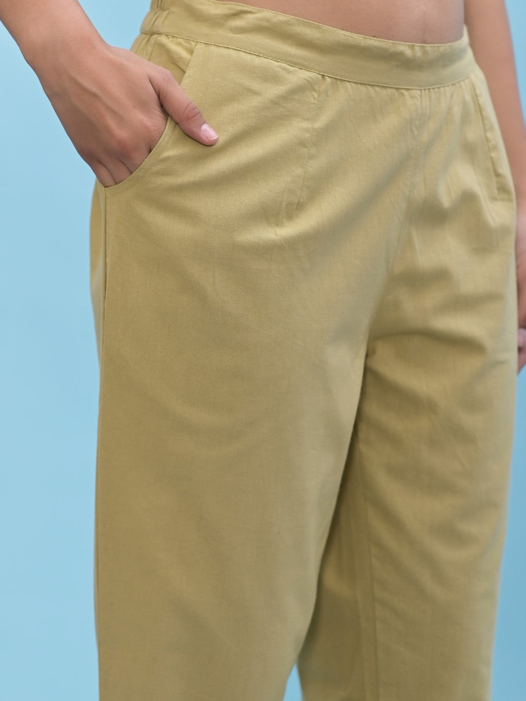 Juniper Women's Olive Solid Cotton Pants with Partially Elasticated Waistband and Two Side Pockets